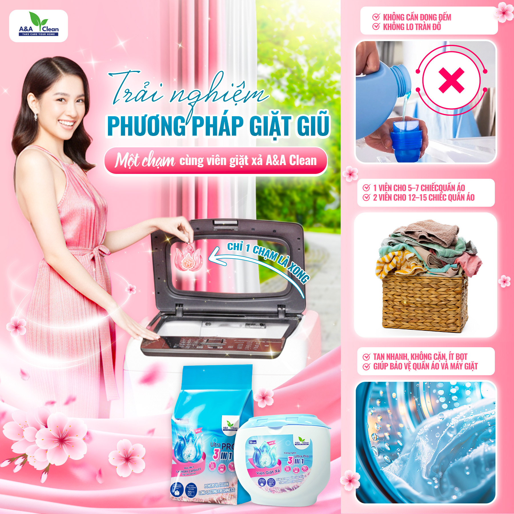 Có viên giặt xả A&A Clean, gọn nhẹ cho mẹ, sạch thơm cho cả nhà