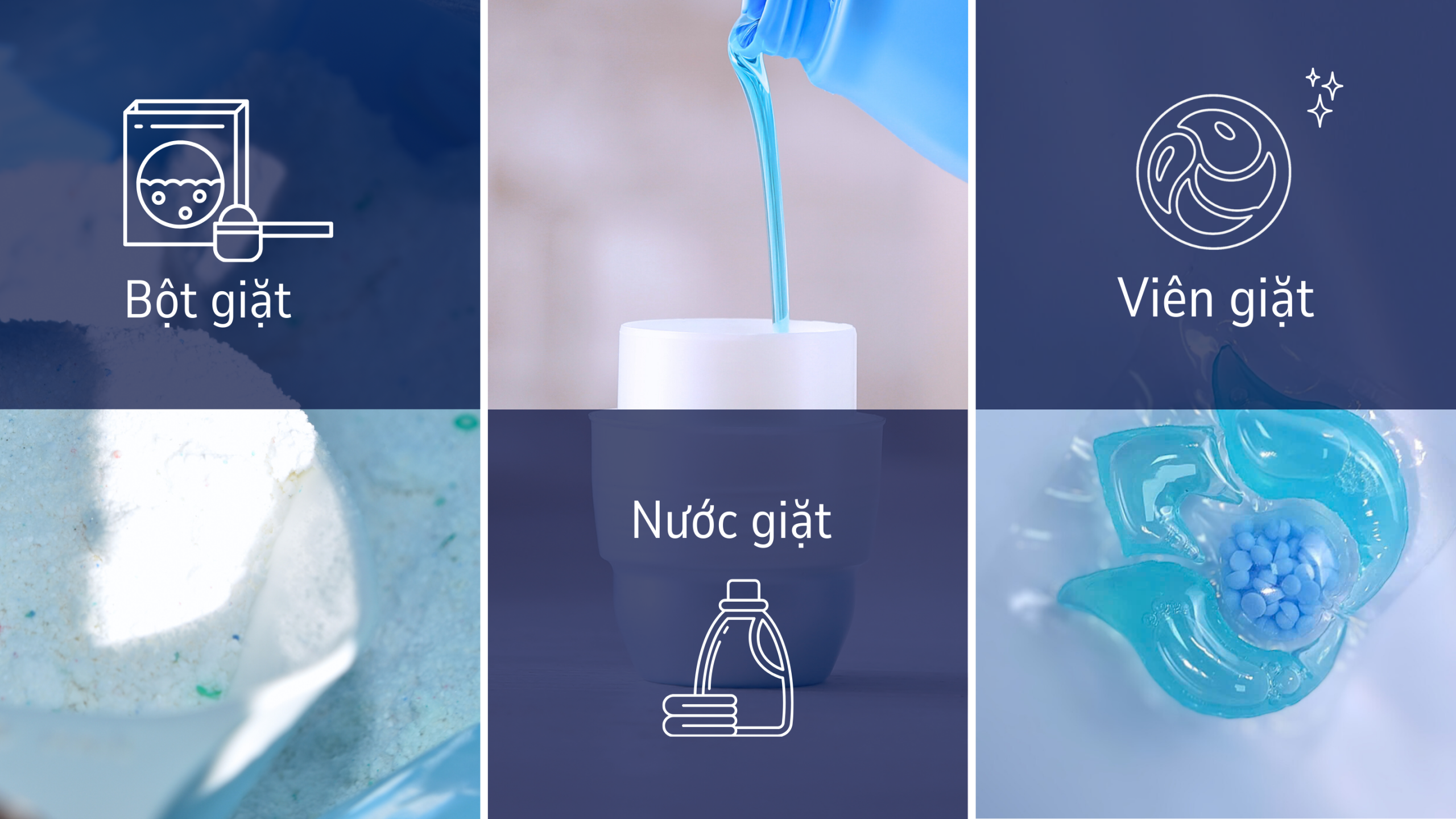 So sánh bột giặt, nước giặt và viên giặt xả tiện ích